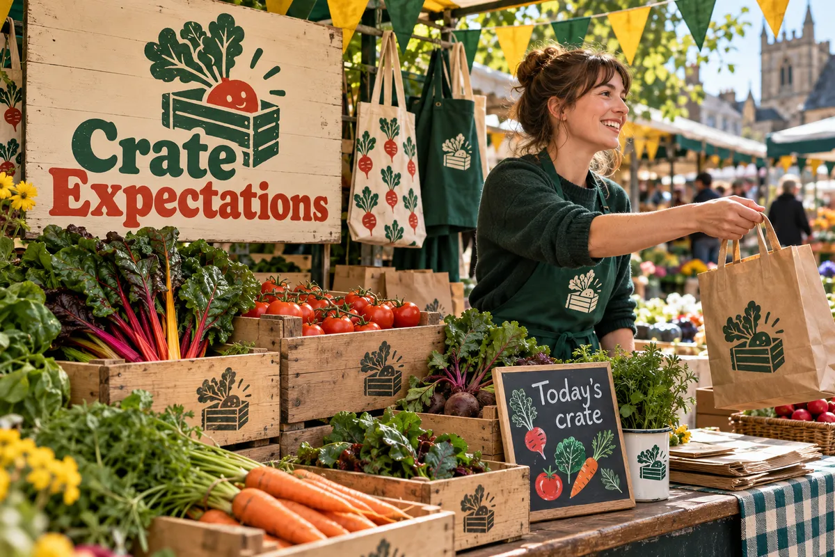 A veg-box brand at a market stall, with a hand-painted sign, stamped crates, tote bags and a chalkboard