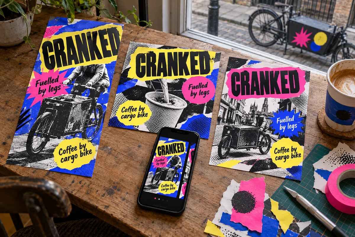 Three ad creatives for a cargo-bike coffee brand, with the same ad as a carousel on a phone