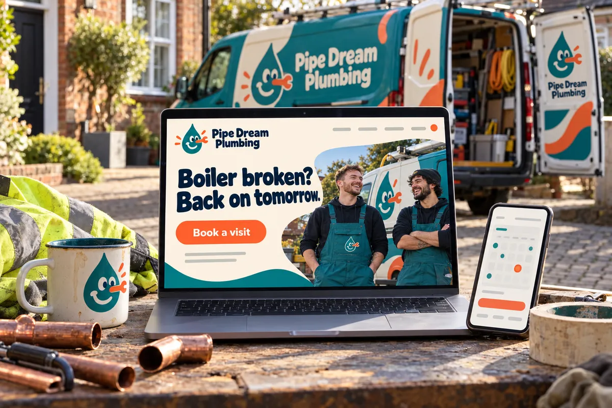 A plumbing company website on a laptop, with its branded van, mug and a booking calendar on a phone