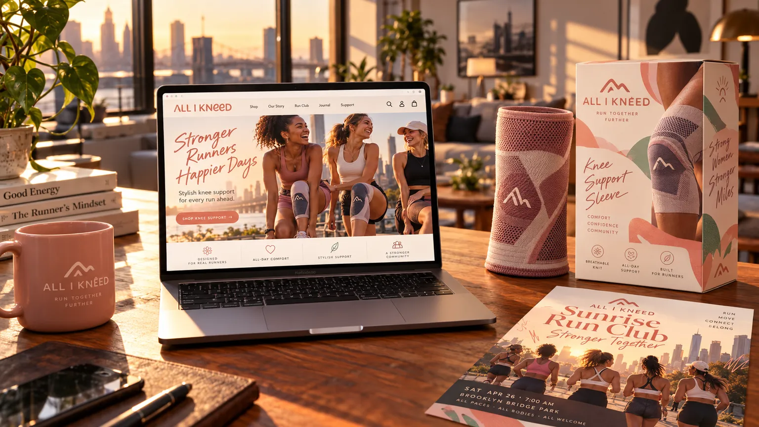 A running brand's website on a laptop, beside its knee-support packaging, a knitted knee sleeve, a branded mug and a run club flyer, in morning light